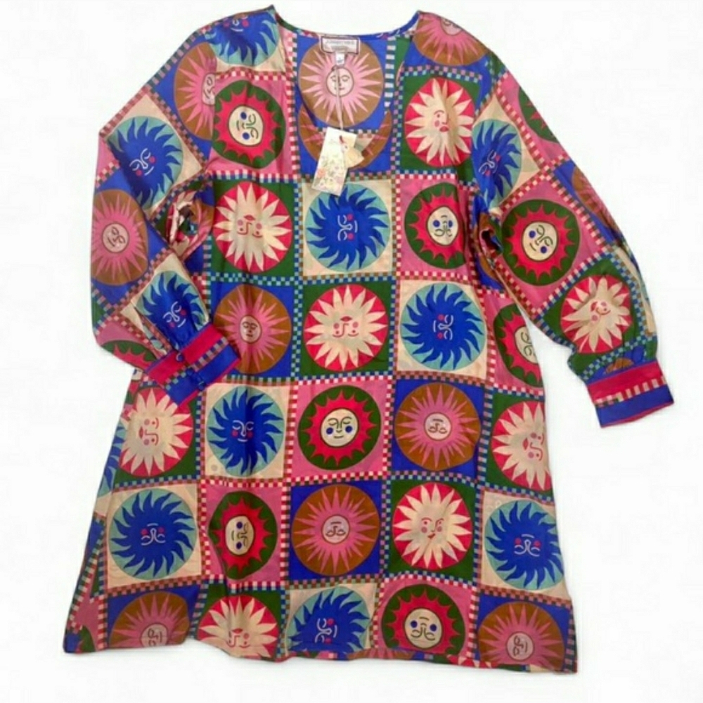 Artisy Celestial XXL Johnny Was Boho Retro Silk Hippie Shift Mini Dress New - Picture 2 of 7